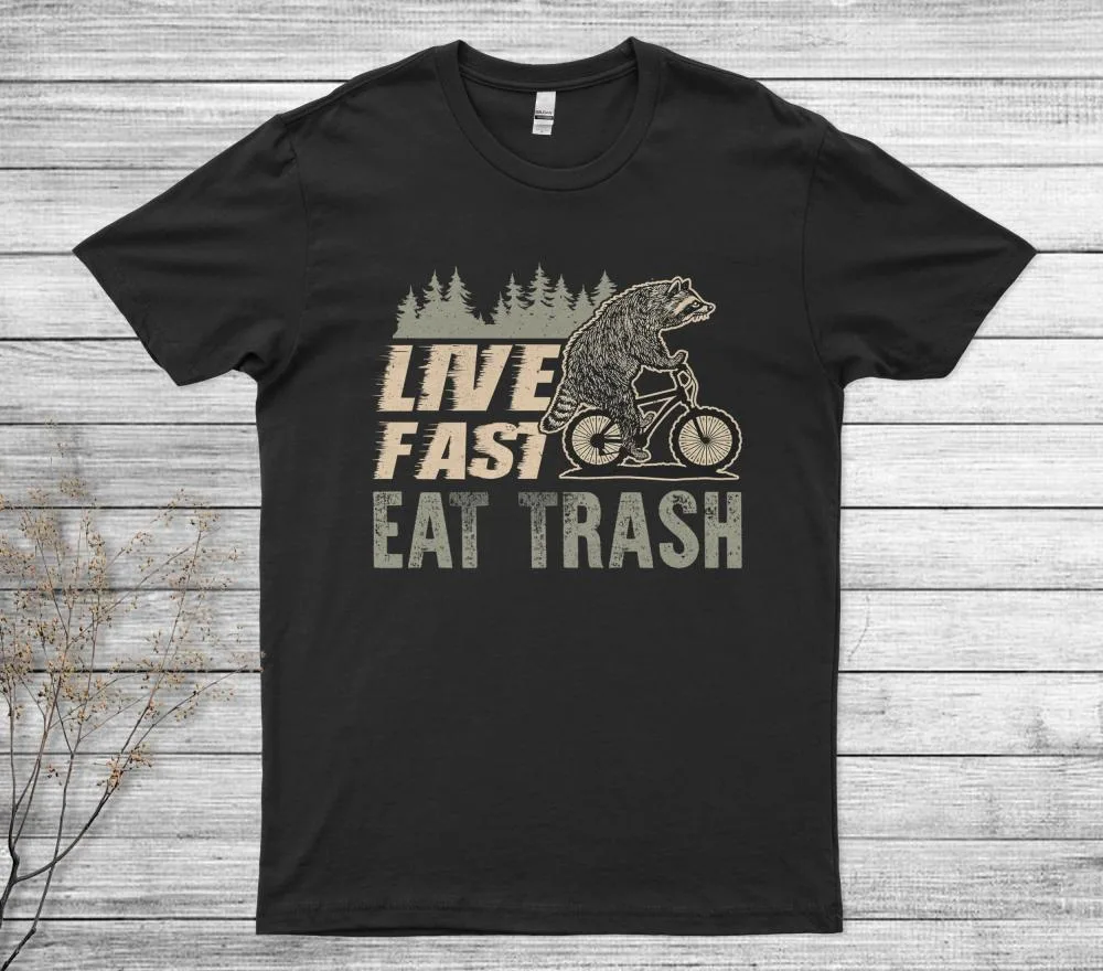 Live Fast Eat Trash Funny Raccoon Riding Bicycle Camping Vintage T-Shirt