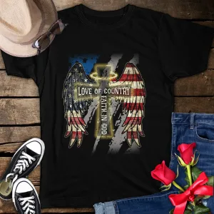 Love Of Country Faith In God 4th of July American Flag Cross Angel Wings Patriotic Unisex T-Shirt