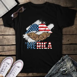 Merica Patriotic Lips American Flag Leopard Lips 4th of July Unisex T-Shirt