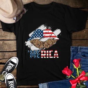 Merica Patriotic Lips American Flag Leopard Lips 4th of July Unisex T-Shirt