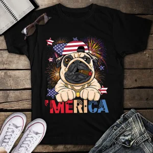 Merica Bulldog Cigar American Flag Cap Fireworks 4th Of July Unisex T-Shirt