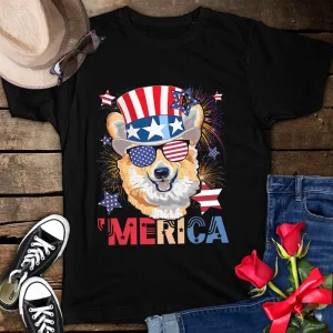 Merica Corgi Cigar American Flag Cap Fireworks 4th Of July Unisex T-Shirt