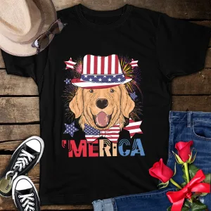 Merica Golden Retriever Cigar American Flag Cap Fireworks 4th Of July Unisex T-Shirt