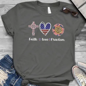 Faith Love Freedom, 4th of July American Flag, Heart Cross Patriotic Unisex T-shirt