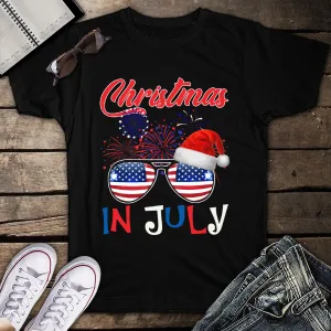 Christmas in July Santa Hat Sunglasses American Flag Summer Celebration Unisex T-Shirt